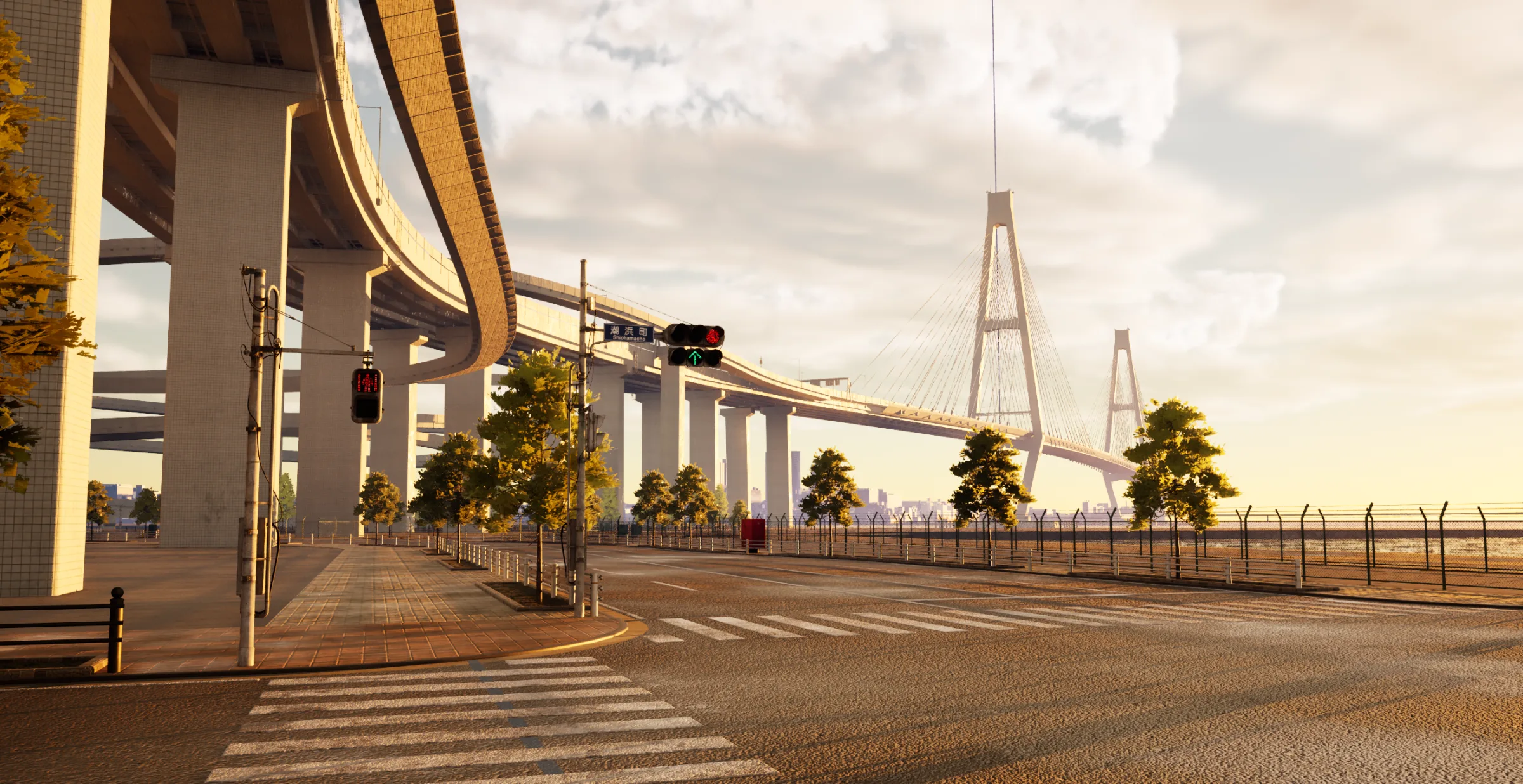An intersection under an elevated expressway