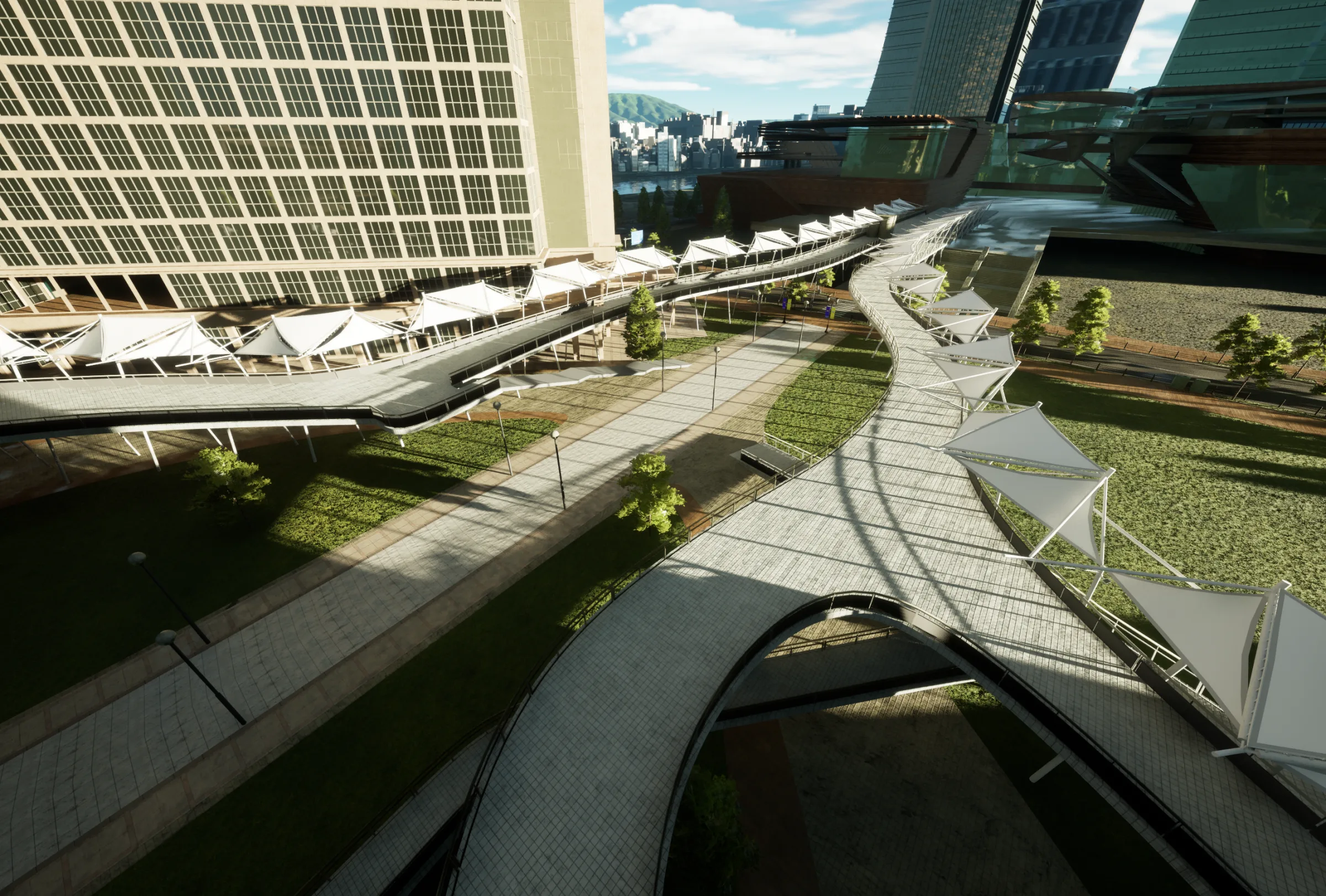 A pedestrian deck among office towers